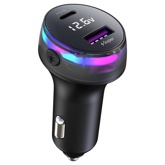 K6 Cellphone Fast Charging Adapter with Colorful Light USB+Type-C Car Charger Cigarette Lighter