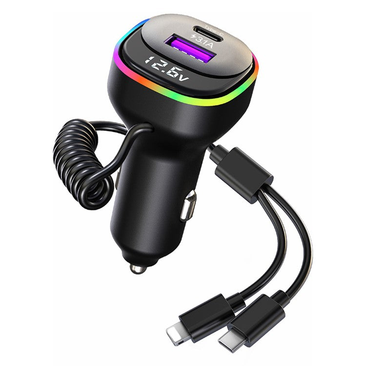 K2S PD 65W Phone Fast Charging Adapter USB+Type-C Car Charger with Type-C / 8-Pin Spring Cable