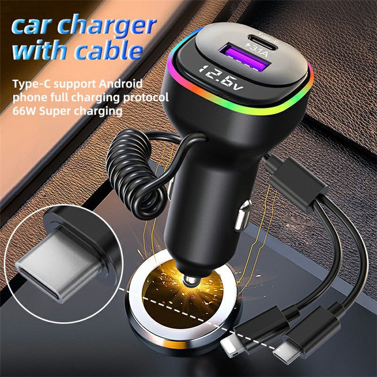 K2S PD 65W Phone Fast Charging Adapter USB+Type-C Car Charger with Type-C / 8-Pin Spring Cable