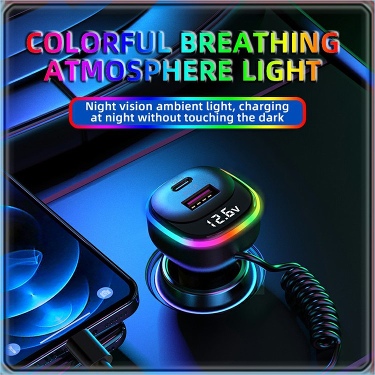 K2S PD 65W Phone Fast Charging Adapter USB+Type-C Car Charger with Type-C / 8-Pin Spring Cable