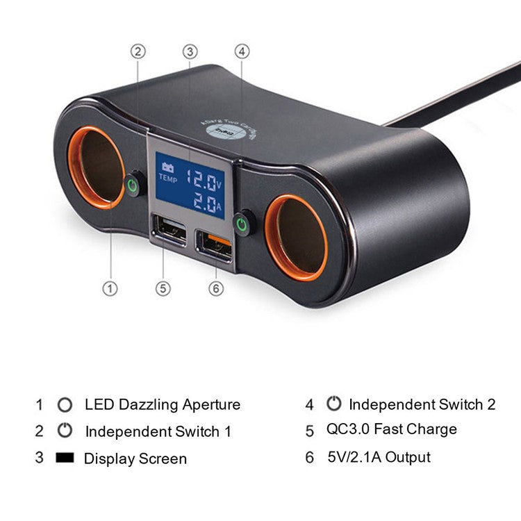 ZNB02 Dual USB Car Charger Voltage Detection 2 Cigarette Lighter Sockets Charge Adapter with Independent Switch