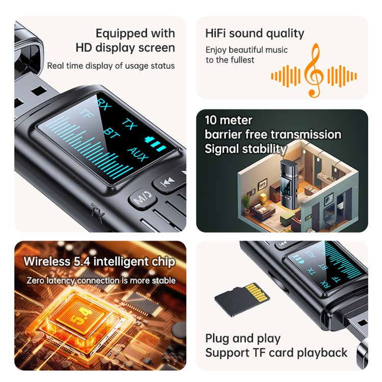GT72 USB Wireless Audio Adapter LED Digital Display Bluetooth 5.4 Audio Receiver Transmitter