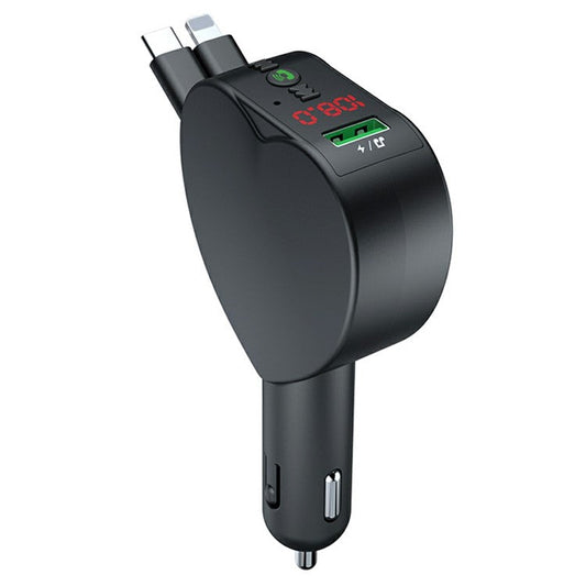 Y2 Car Bluetooth MP3 Player Voltage Monitor Hands-Free Call Adapter with Type-C + iP Retractable Cables