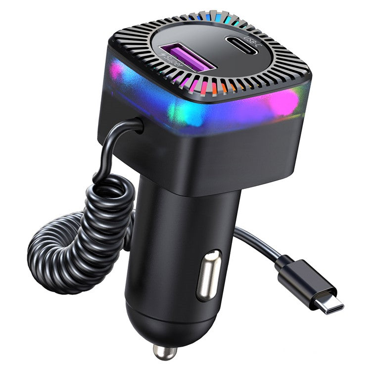 K14 USB + Type-C PD 30W Phone Fast Charging Adapter Car Charger with Spring Type-C Cable