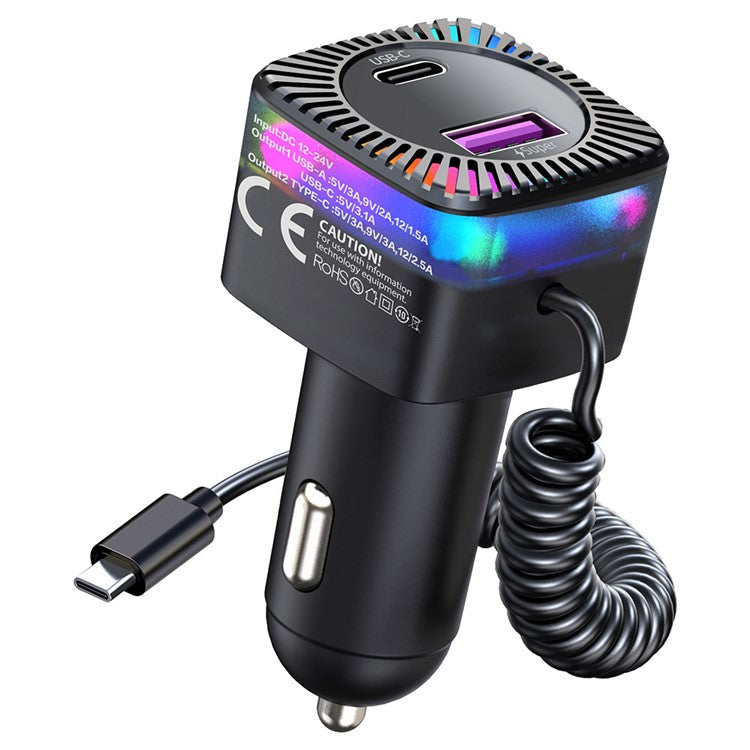 K14 USB + Type-C PD 30W Phone Fast Charging Adapter Car Charger with Spring Type-C Cable