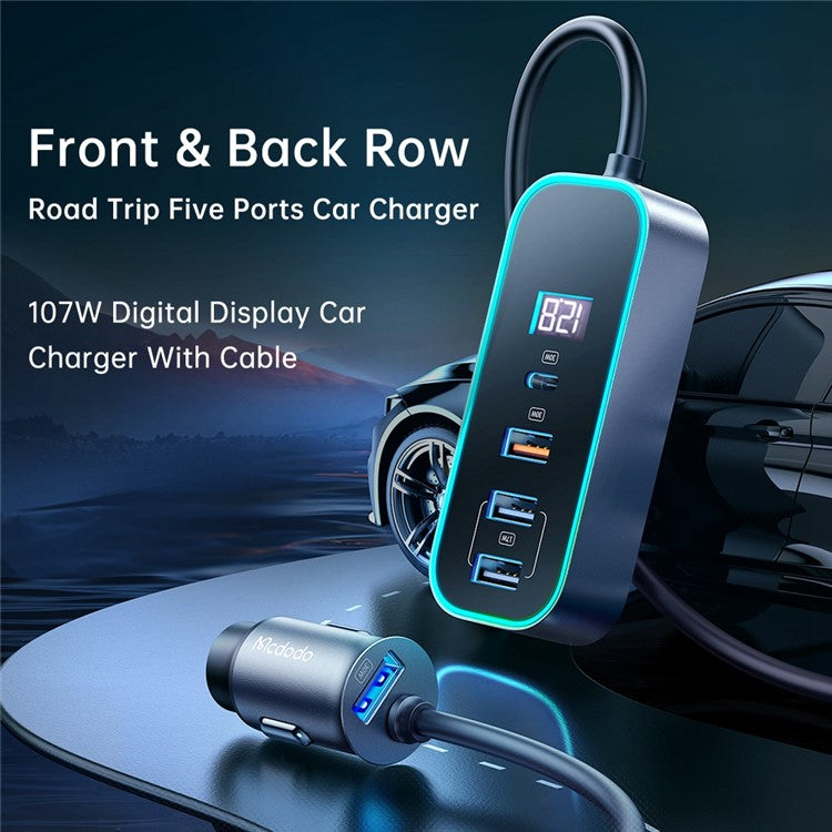 MCDODO CC-1900 107W Digital Display USB-A*4+Type-C*1 5-Port Car Charger with 1.5m Cable, Dark Grey
