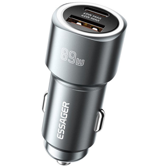 ESSAGER 89W Super Flash Charge USB+Type-C Car Charger Aluminum Alloy Adapter - Grey