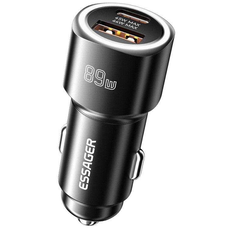 ESSAGER 89W Super Flash Charge USB+Type-C Car Charger Aluminum Alloy Adapter - Black