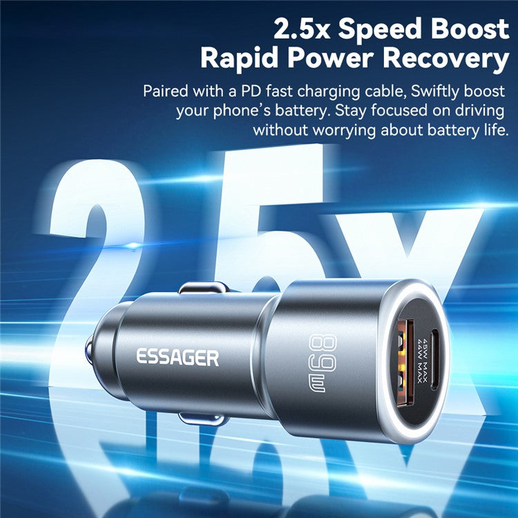 ESSAGER 89W Super Flash Charge USB+Type-C Car Charger Aluminum Alloy Adapter - Black