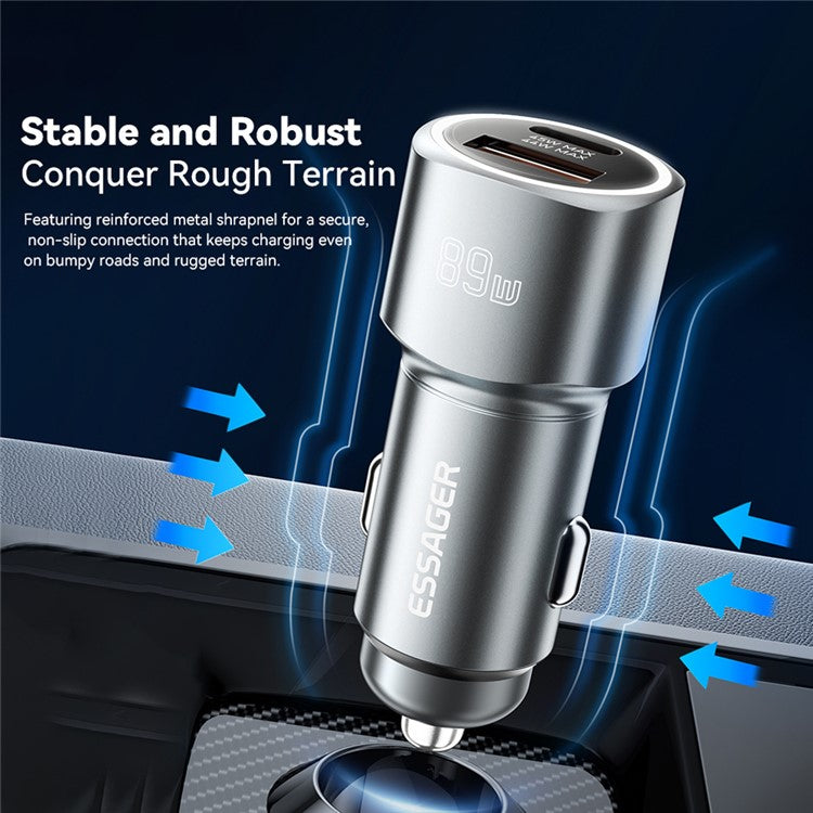 ESSAGER 89W Super Flash Charge USB+Type-C Car Charger Aluminum Alloy Adapter - Black