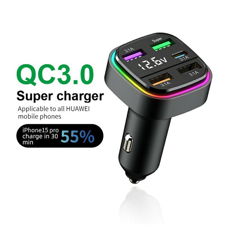 K34 5 Port USB Car Charger(4 USB+Type C) Cigarette Lighter Adapter with LED Display - Black
