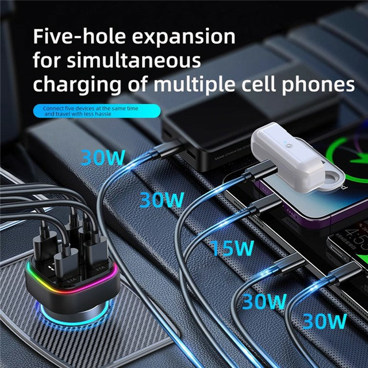 K34 5 Port USB Car Charger(4 USB+Type C) Cigarette Lighter Adapter with LED Display - Black