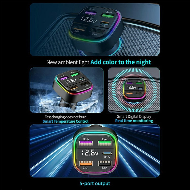 K34 5 Port USB Car Charger(4 USB+Type C) Cigarette Lighter Adapter with LED Display - Black