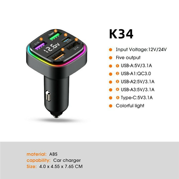 K34 5 Port USB Car Charger(4 USB+Type C) Cigarette Lighter Adapter with LED Display - Black