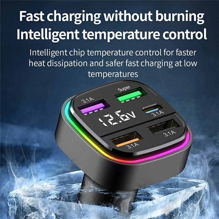 K34 5 Port USB Car Charger(4 USB+Type C) Cigarette Lighter Adapter with LED Display - Black