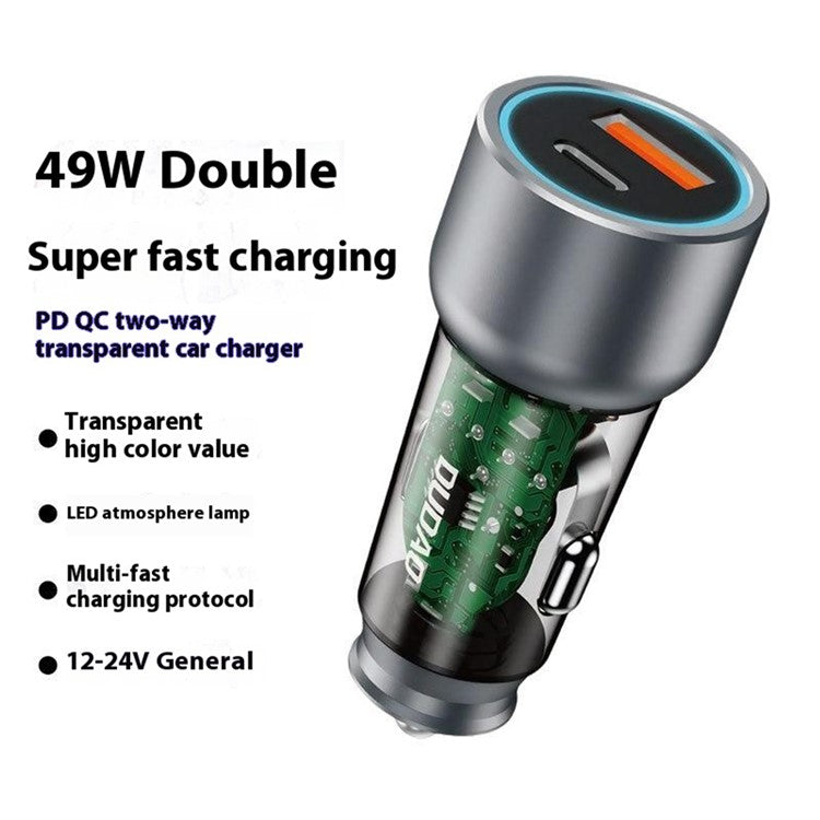 DUDAO R4T 49W Transparent Car Charger QC3.0 USB+Type-C PD Fast Charging Power Adapter