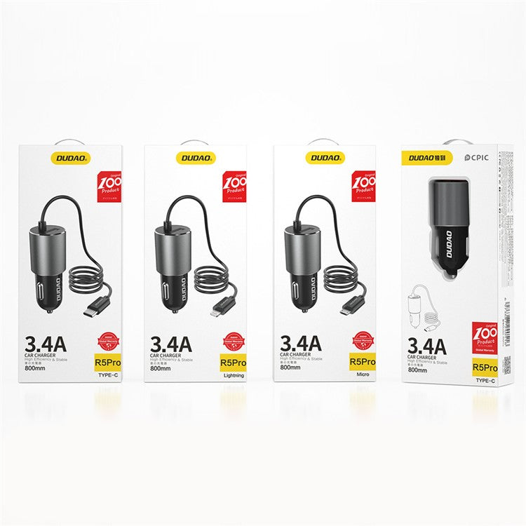 DUDAO R5Pro 3.4A USB Phone Charging Adapter Car Charger with Built-In Cable - Type-C Cable