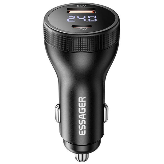 ESSAGER USB A + Type C Car Charger 100W Super Fast Charging Adapter with Digital Display - Black