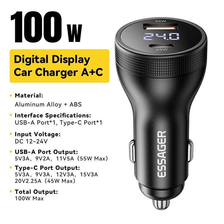 ESSAGER USB A + Type C Car Charger 100W Super Fast Charging Adapter with Digital Display - Black