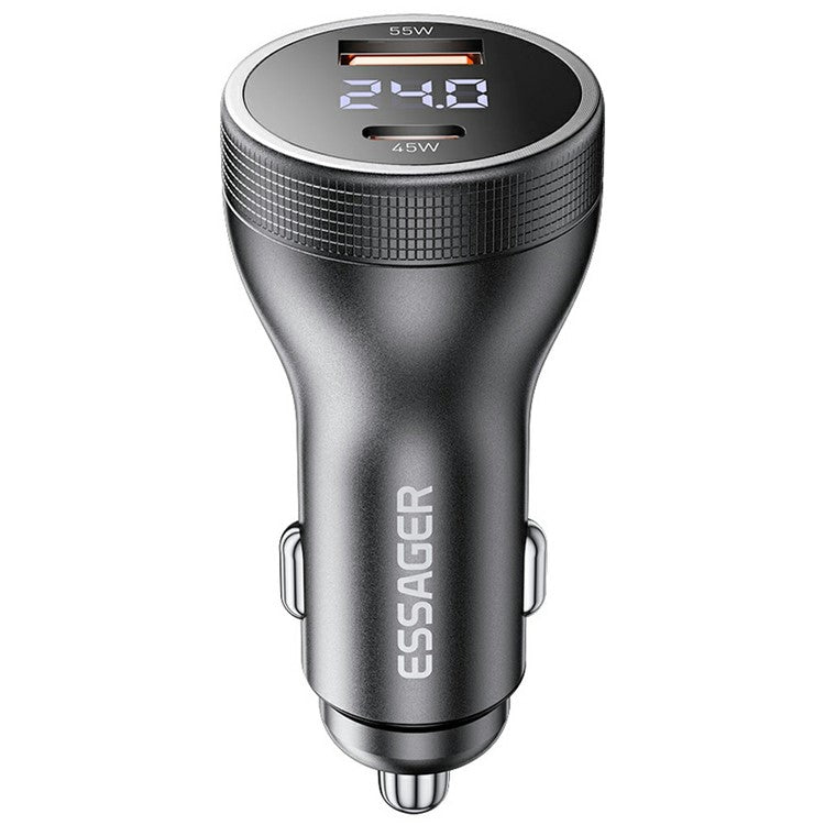 ESSAGER USB A + Type C Car Charger 100W Super Fast Charging Adapter with Digital Display - Tarnish Grey
