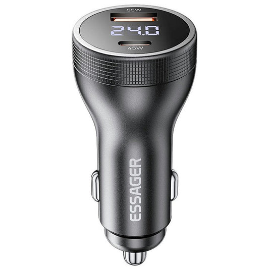 ESSAGER USB A + Type C Car Charger 100W Super Fast Charging Adapter with Digital Display - Tarnish Grey