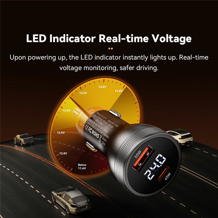 ESSAGER USB A + Type C Car Charger 100W Super Fast Charging Adapter with Digital Display - Tarnish Grey