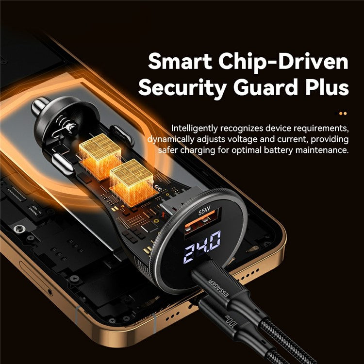 ESSAGER USB A + Type C Car Charger 100W Super Fast Charging Adapter with Digital Display - Tarnish Grey