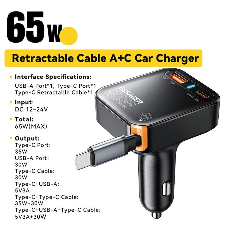 ESSAGER 65W Fast Charging USB A  + Type C Car Charger with Retractable USB C Cable