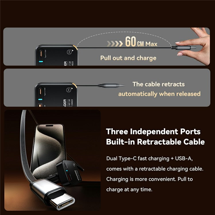 ESSAGER 65W Fast Charging USB A  + Type C Car Charger with Retractable USB C Cable