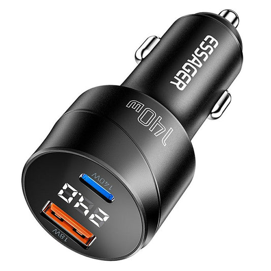 ESSAGER 140W Fast Charging Adapter Digital Display USB A + Type C Car Charger