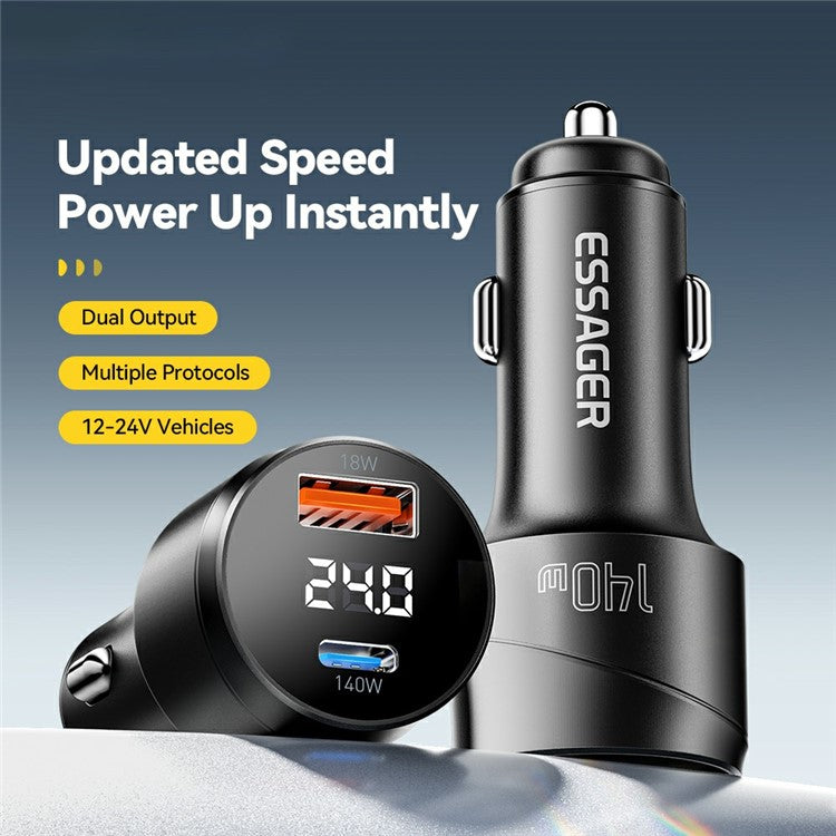 ESSAGER 140W Fast Charging Adapter Digital Display USB A + Type C Car Charger