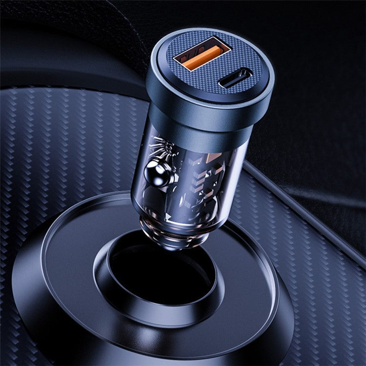 AZEADA PD-C36 COOLLE Series 30W Fast Charging Car Adapter USB-A+Type-C Car Charger Transparent Cigarette Lighter Charger