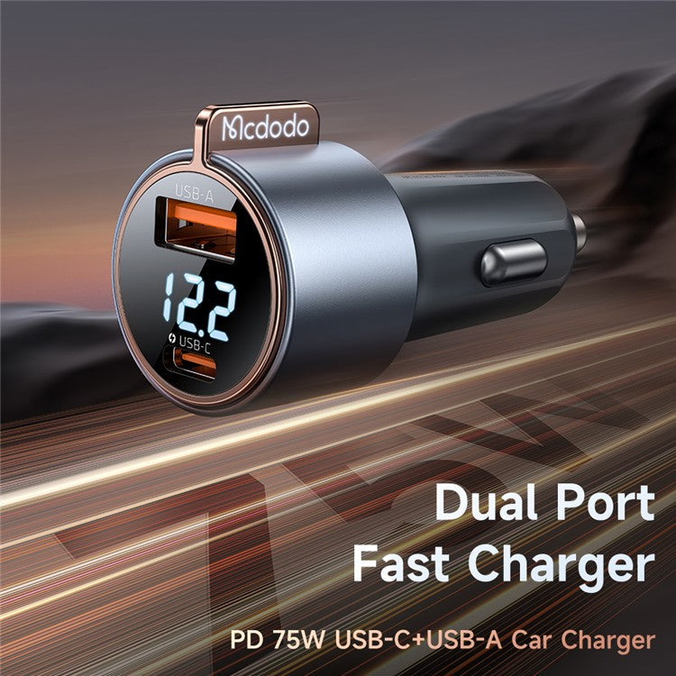 MCDODO CC-3690 USB-A + Type-C Dual Ports PD 75W Fast Car Charger with Digital Display, Black