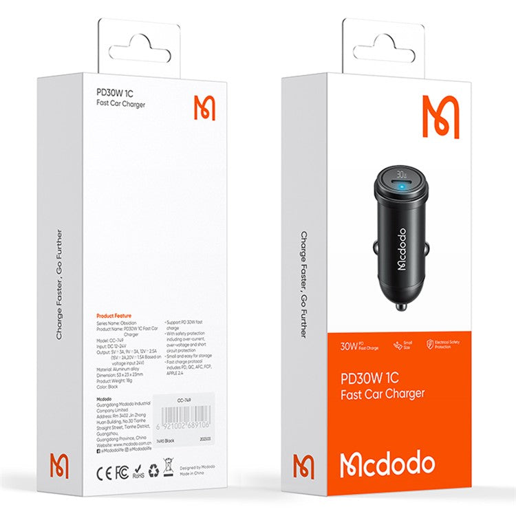 MCDODO CC-7491 PD 30W Fast Charging Type-C Single Port Mini Car Charger, Black