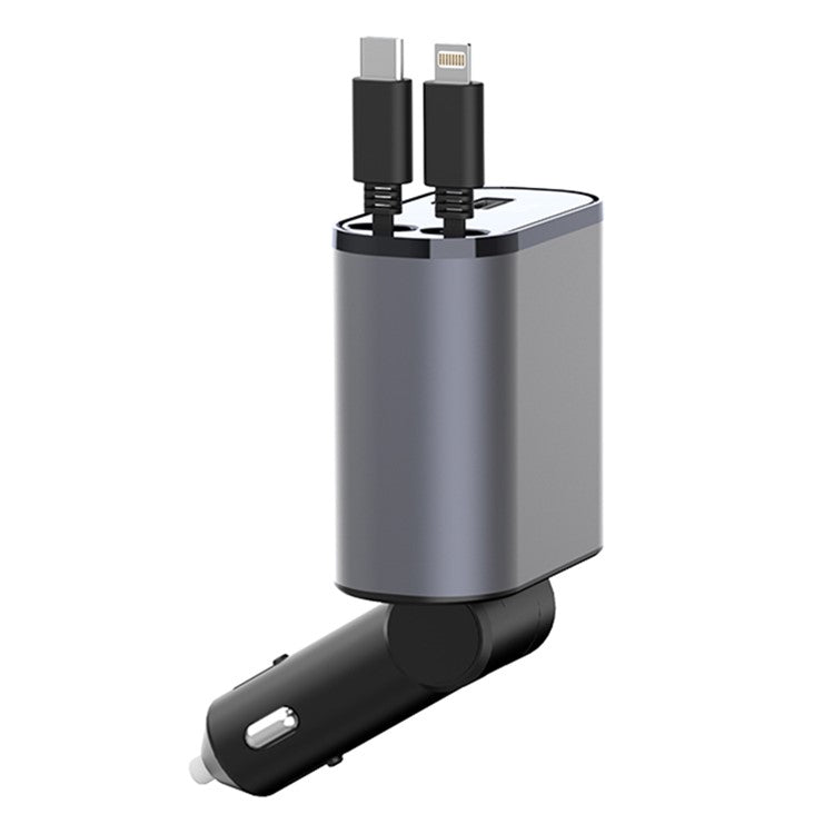 PT16 66W Phone Charging Adapter USB + Type-C Port Car Charger with Type-C and 8-Pin Retractable Cable
