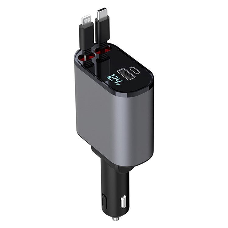 PT16 66W Phone Charging Adapter USB + Type-C Port Car Charger with Type-C and 8-Pin Retractable Cable