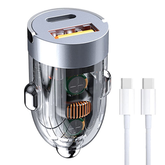 G20S 12-24V 120W USB+Type-C Fast Charging Adapter Transparent Car Charger with Type-C to Type-C Cable