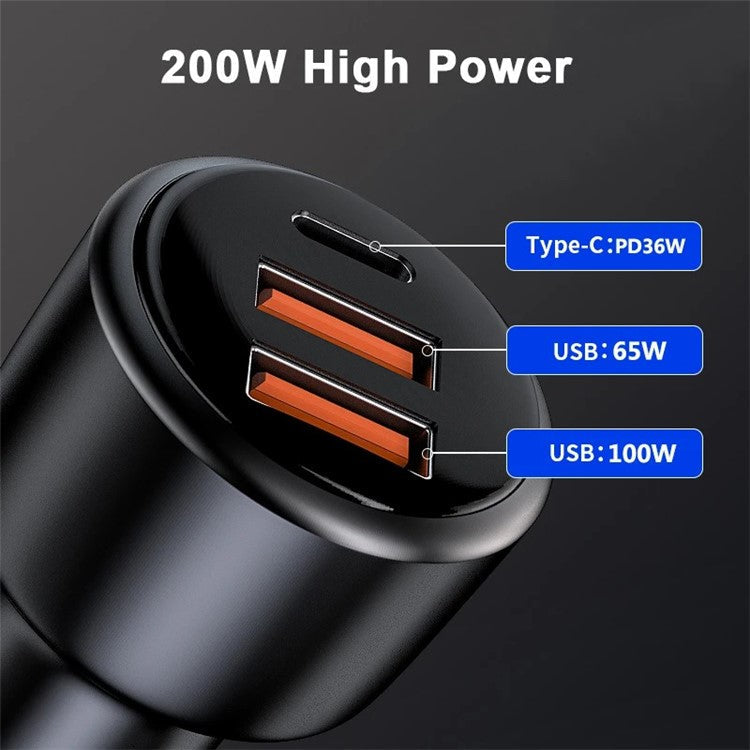 P6S Type-C+Dual USB Car Charger 200W Fast Charging Cigarette Lighter Adapter