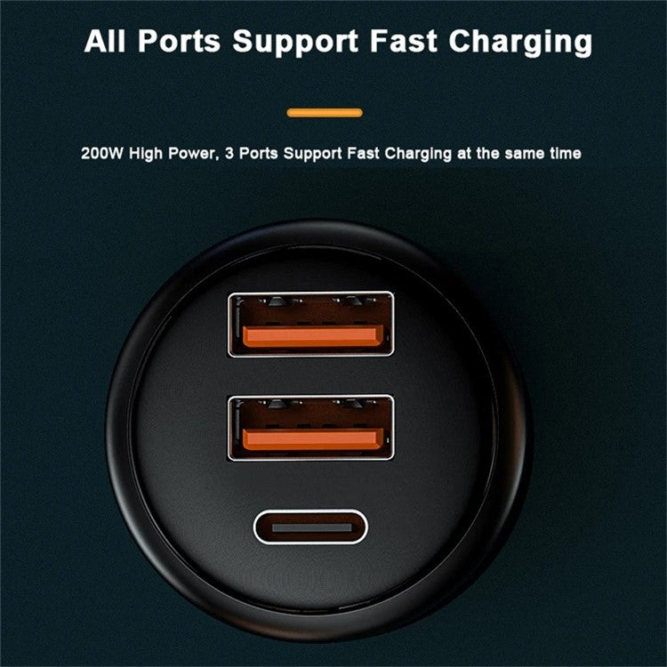 P6S Type-C+Dual USB Car Charger 200W Fast Charging Cigarette Lighter Adapter
