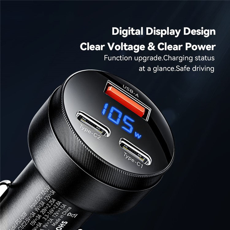 ESSAGER Aluminum Alloy 105W Phone Charger USB+Dual Type-C Car Charger - Black