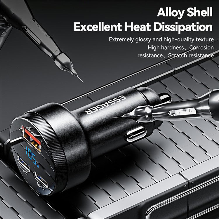 ESSAGER Aluminum Alloy 105W Phone Charger USB+Dual Type-C Car Charger - Tarnish