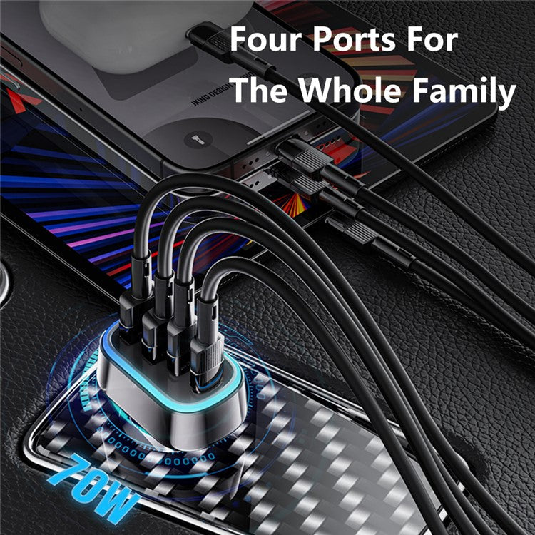 ESSAGER 70W Fast Car Charger 2 USB + 2 Type-C Charger Adapter with LED Light