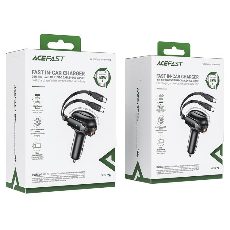 ACEFAST B13 53W USB Car Charger Adapter with 2 Type-C Retractable Charging Cable