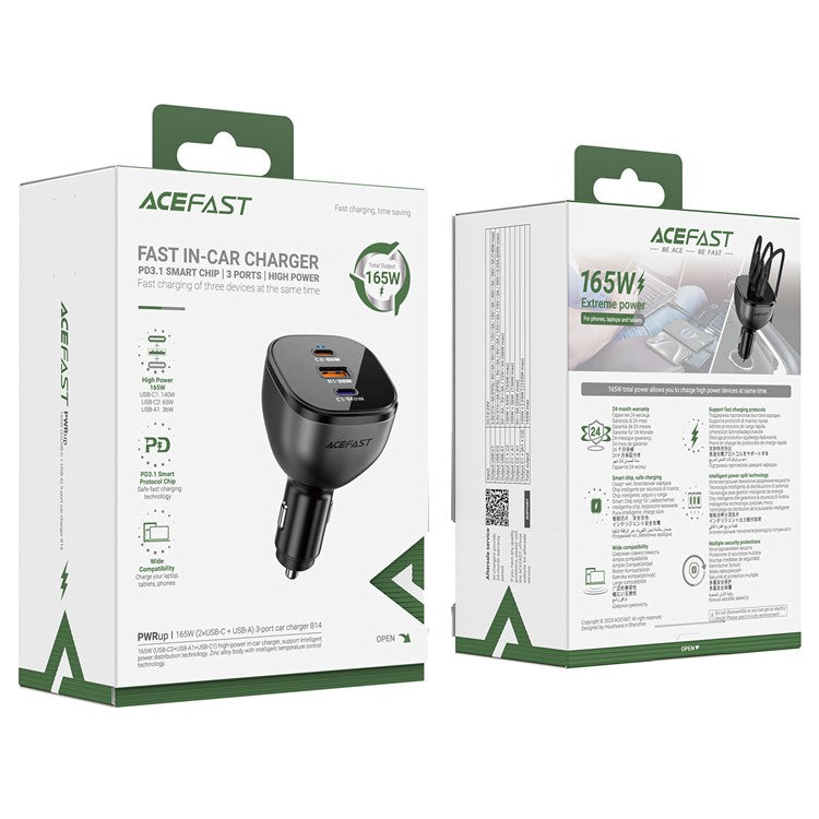 ACEFAST B14 165W USB + Dual Type-C Car Charger Phone Fast Charging Adapter