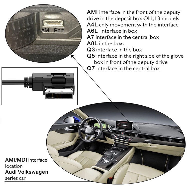 AMI MDI Audio Aux Cable Adapter 3.5mm Earphone Port with Lightning Charger Wire for Audi A3 A4 A5 A6 A8 Q5 Q7