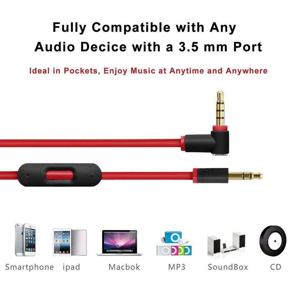 Replacement Audio Cable With Talk/Mic Remote For Beats by Dr. Dre, Studio, Studio 2, Solo, Solo 2, Mixr, Pro - Compatible with iPhone 4/4S/5/5S/6/6S/6S Plus Red