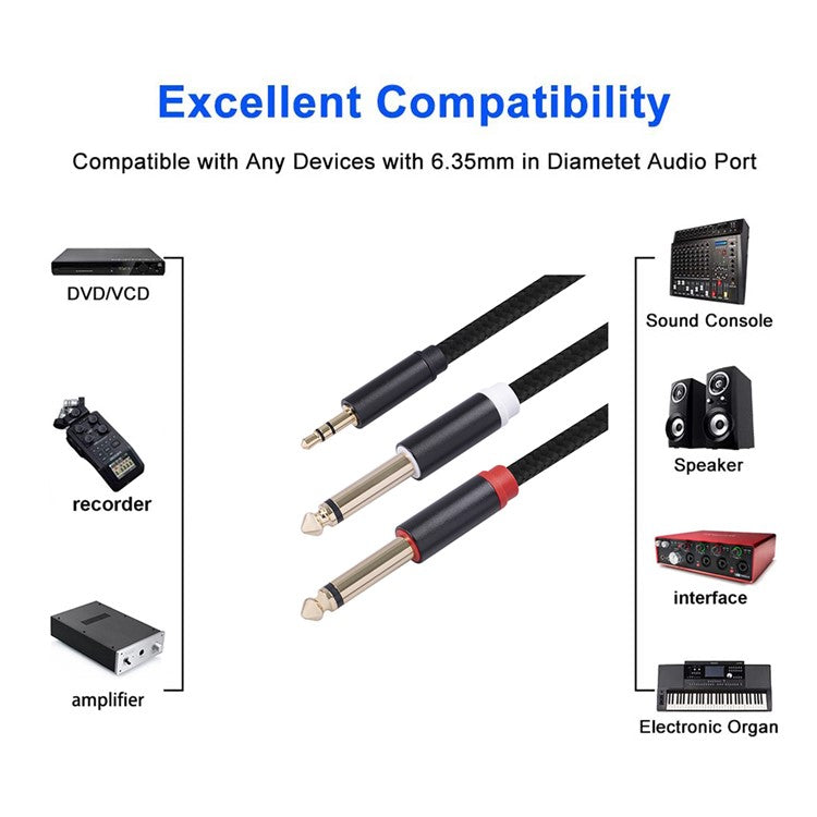 2 Mono 6.35 Jack to 3.5 Male Audio Cable 3.5mm to Double 6.35mm Aux Cable 3m for Phone to Mixer Amplifier