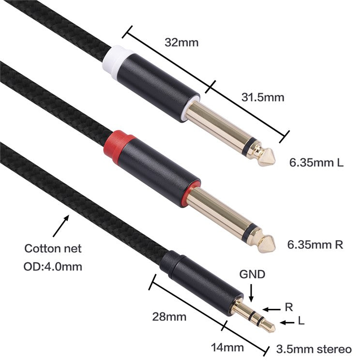 1m Audio Cable 3.5mm to Double 6.35mm Aux Cable 2 Mono 6.35 Jack to 3.5 Male for Phone to Mixer Amplifier