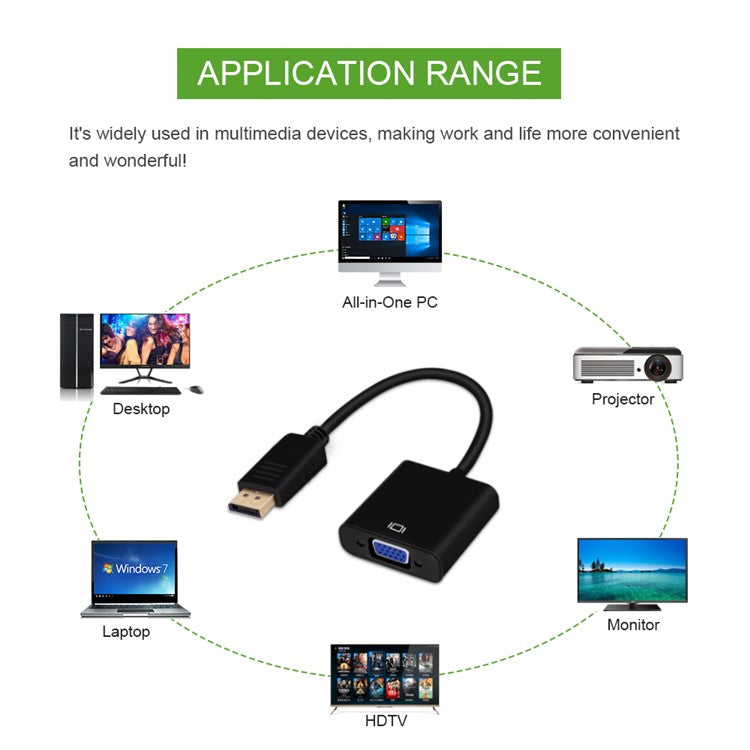 Big DisplayPort Male to VGA Female Converter Adapter Cable - Black