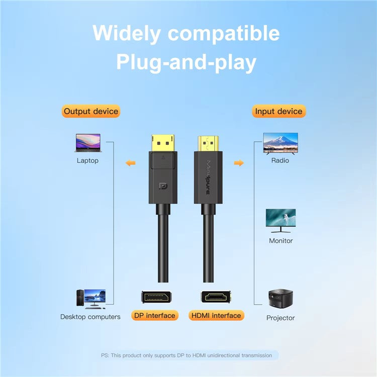 MINDPURE AD029 1.5m DP to HDMI 1.4 Cord 4K / 30Hz Gold Plated Male to Male PVC Cable